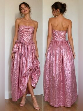 Vintage 90s Pink Metallic Strapless Prom Dress XS Small Barbiecore Y2K Party